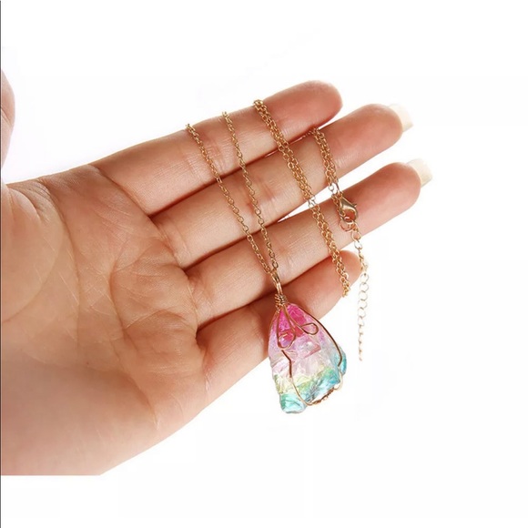 Rainbow Crystal Aura Quartz Necklace Gold PRIDE - Picture 5 of 12